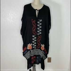 Johnny Was black silk embroidered boho vacation tunic dress swim coverup M